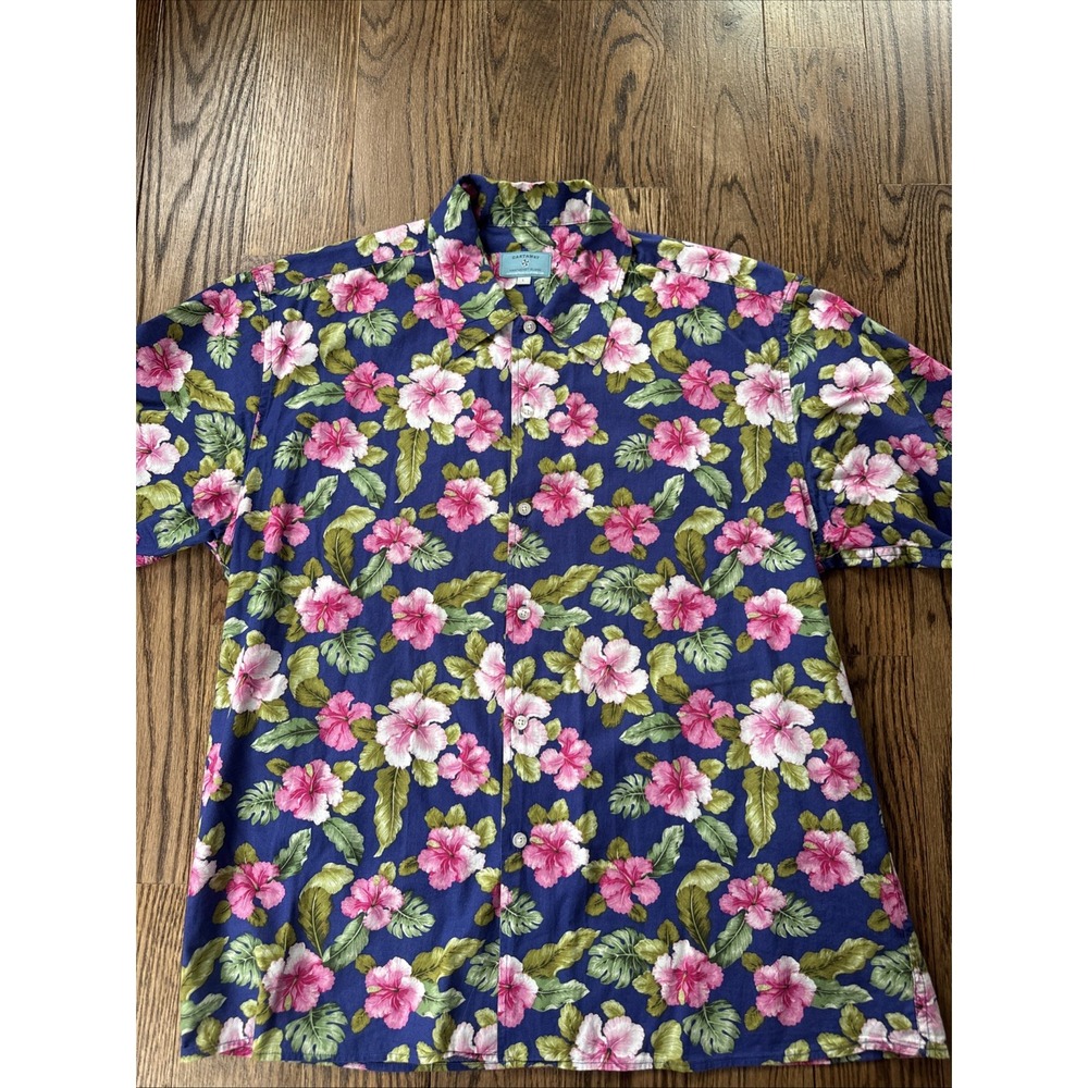 Castaway Nantucket Island Hawaiian Bahama Shirt Mens L Blue Hibiscus Cotton EUC